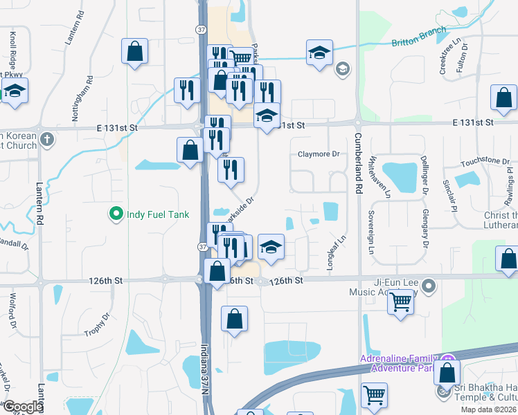 map of restaurants, bars, coffee shops, grocery stores, and more near 12900 Parkside Drive in Fishers