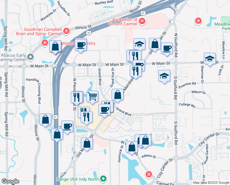 map of restaurants, bars, coffee shops, grocery stores, and more near 12890 Old Meridian Street in Carmel