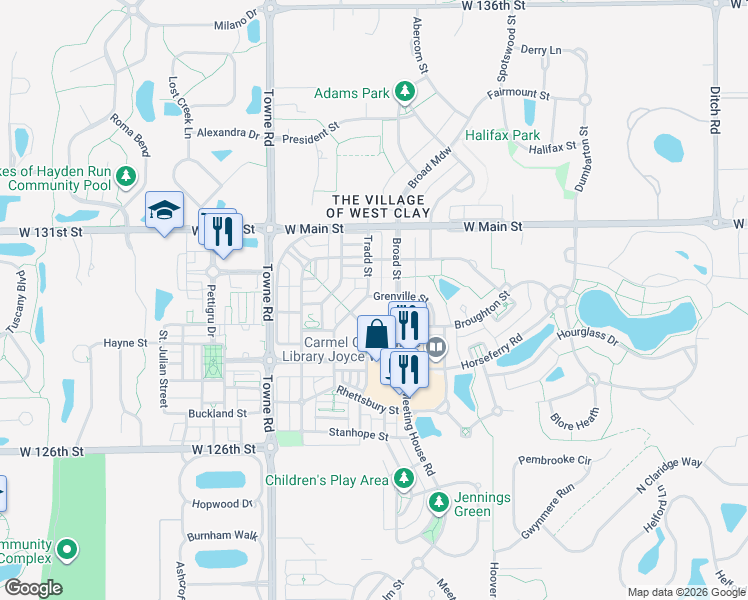 map of restaurants, bars, coffee shops, grocery stores, and more near 2101 Grenville Street in Carmel