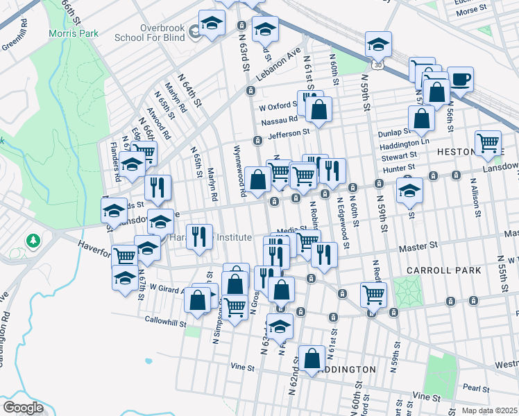 map of restaurants, bars, coffee shops, grocery stores, and more near 742 North 63rd Street in Philadelphia