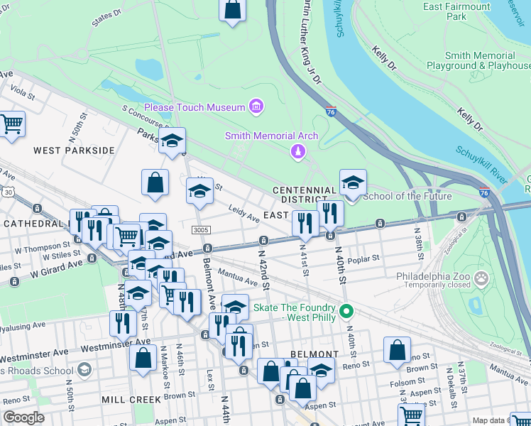 map of restaurants, bars, coffee shops, grocery stores, and more near 4165 Leidy Avenue in Philadelphia
