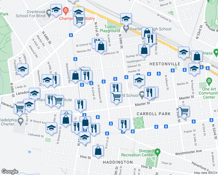 map of restaurants, bars, coffee shops, grocery stores, and more near 1532 North Edgewood Street in Philadelphia