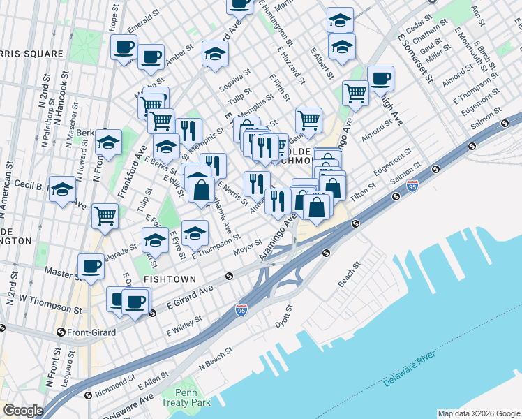 map of restaurants, bars, coffee shops, grocery stores, and more near 2556 East Norris Street in Philadelphia