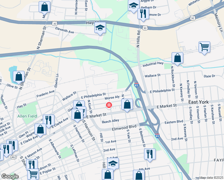 map of restaurants, bars, coffee shops, grocery stores, and more near 1495 East Philadelphia Street in York