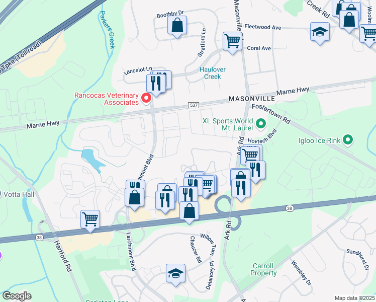 map of restaurants, bars, coffee shops, grocery stores, and more near 3907A Adelaide Drive in Mount Laurel Township