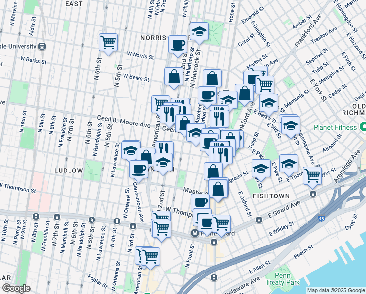 map of restaurants, bars, coffee shops, grocery stores, and more near 1615 N Hancock St in Philadelphia
