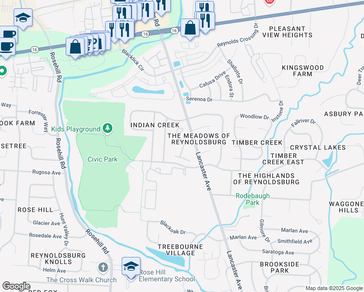 map of restaurants, bars, coffee shops, grocery stores, and more near 7041 Shawnee Way in Reynoldsburg