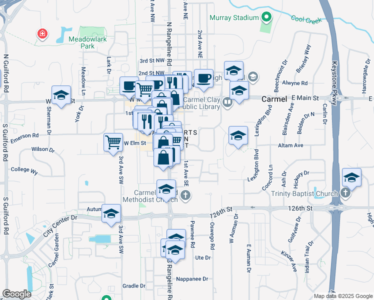 map of restaurants, bars, coffee shops, grocery stores, and more near 427 1st Avenue Southeast in Carmel