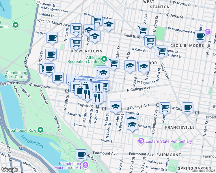 map of restaurants, bars, coffee shops, grocery stores, and more near 1217 North 25th Street in Philadelphia