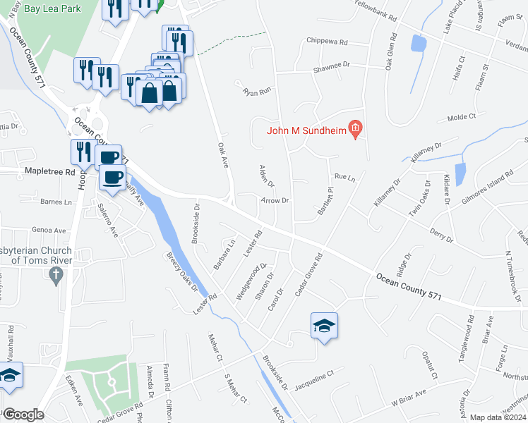 map of restaurants, bars, coffee shops, grocery stores, and more near 915 Bow Road in Toms River