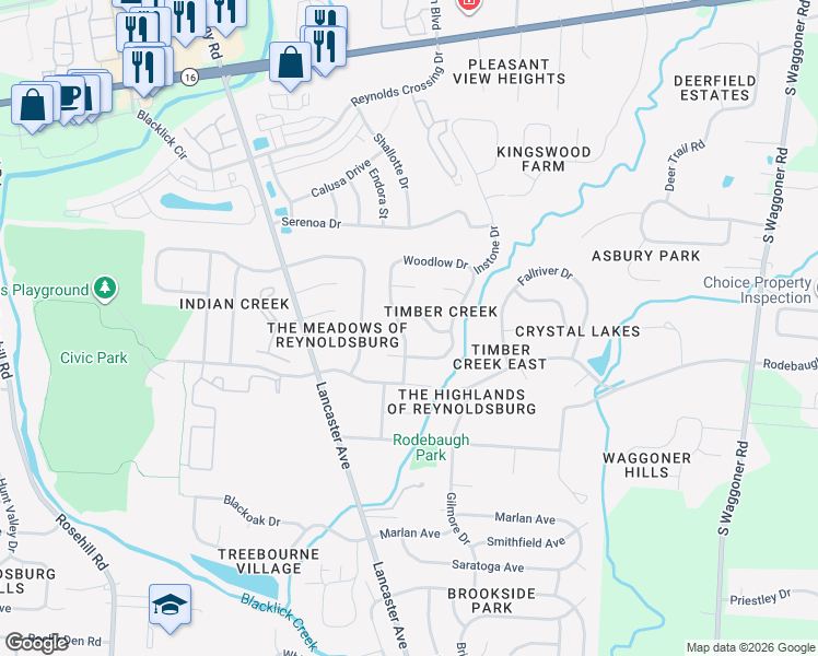 map of restaurants, bars, coffee shops, grocery stores, and more near 7323 Foxfield Drive in Reynoldsburg