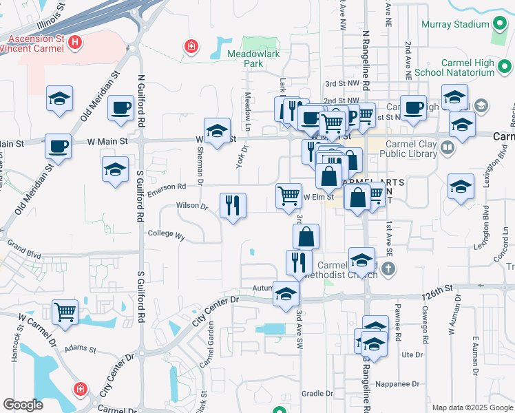 map of restaurants, bars, coffee shops, grocery stores, and more near 550 Industrial Drive in Carmel