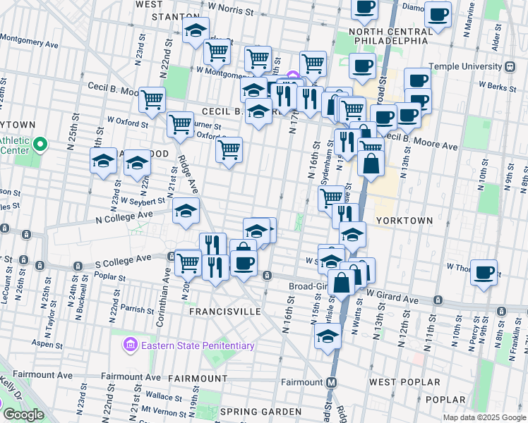 map of restaurants, bars, coffee shops, grocery stores, and more near 1720 Master Street in Philadelphia