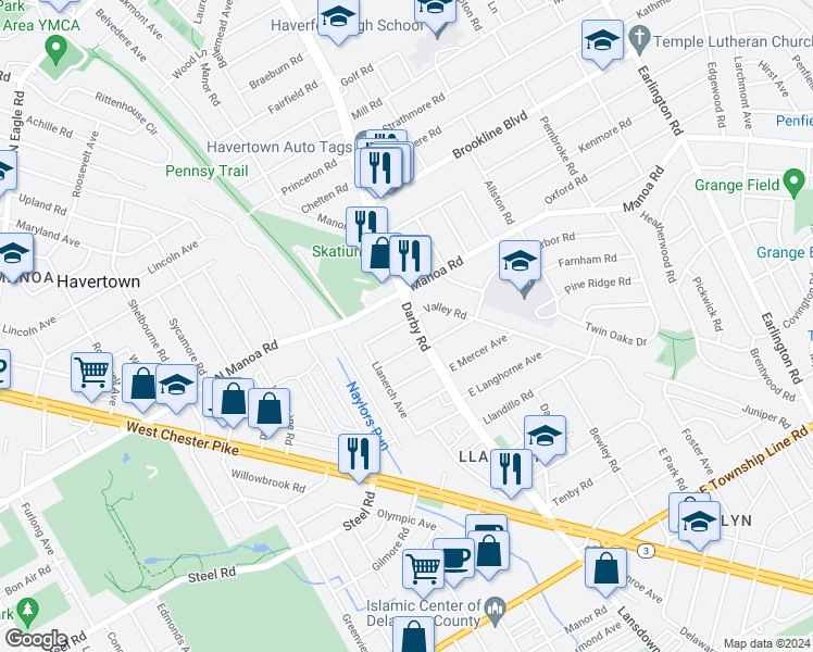 map of restaurants, bars, coffee shops, grocery stores, and more near 812 Darby Road in Havertown
