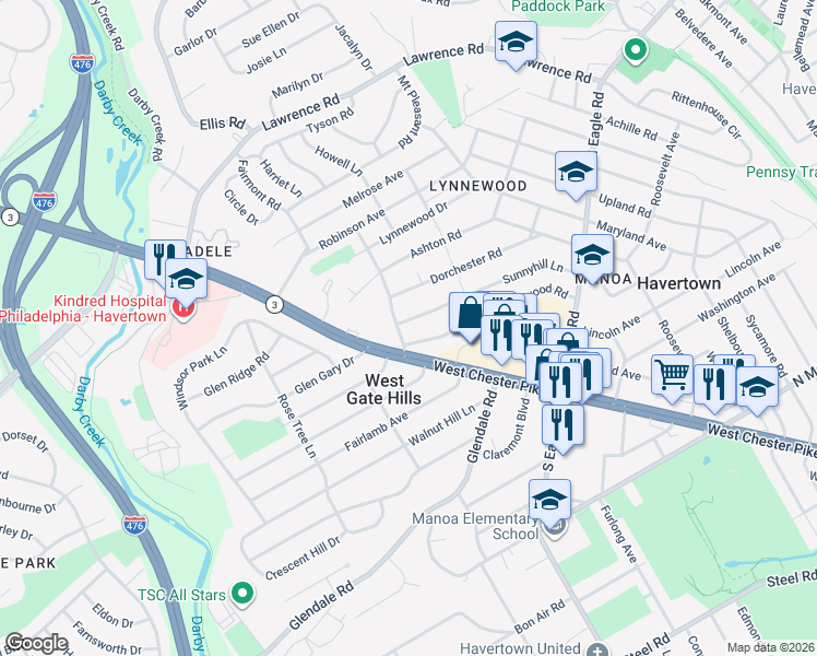 map of restaurants, bars, coffee shops, grocery stores, and more near 1527 Sunnyhill Lane in Havertown