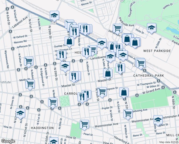 map of restaurants, bars, coffee shops, grocery stores, and more near 5520 Media St in Philadelphia