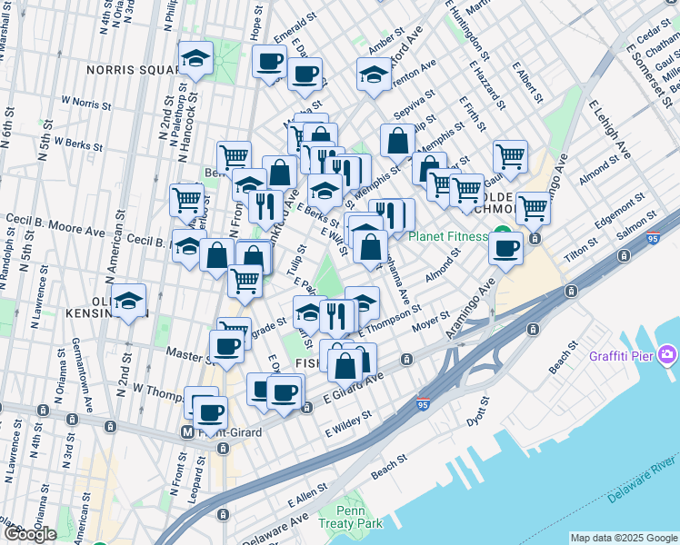 map of restaurants, bars, coffee shops, grocery stores, and more near 1431 East Montgomery Avenue in Philadelphia