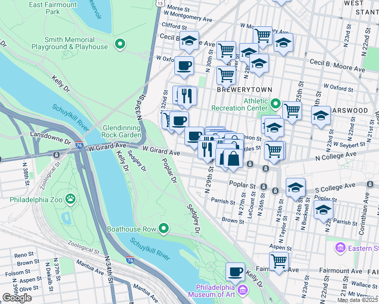 map of restaurants, bars, coffee shops, grocery stores, and more near 3011 West Girard Avenue in Philadelphia