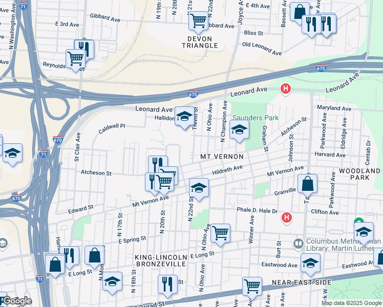 map of restaurants, bars, coffee shops, grocery stores, and more near 441 Trevitt Street in Columbus