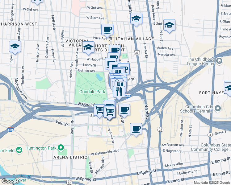 map of restaurants, bars, coffee shops, grocery stores, and more near 625 North High Street in Columbus