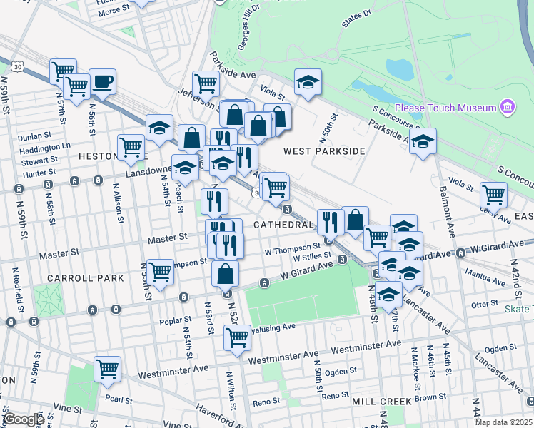 map of restaurants, bars, coffee shops, grocery stores, and more near 1409 Lancaster Avenue in Philadelphia