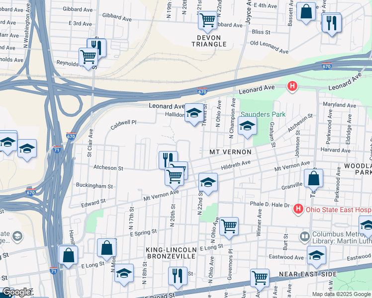 map of restaurants, bars, coffee shops, grocery stores, and more near 447 Ellison Street in Columbus