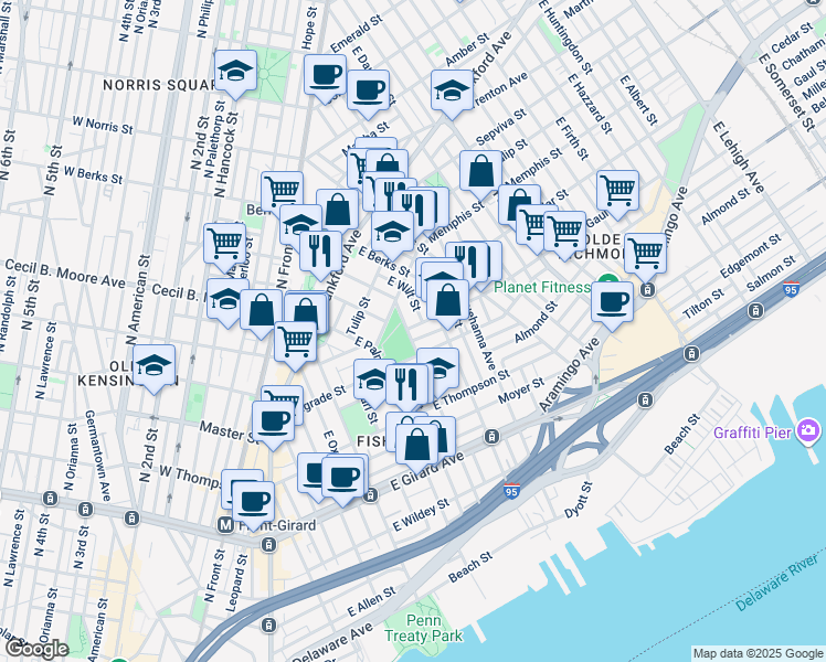 map of restaurants, bars, coffee shops, grocery stores, and more near 1431 East Montgomery Avenue in Philadelphia