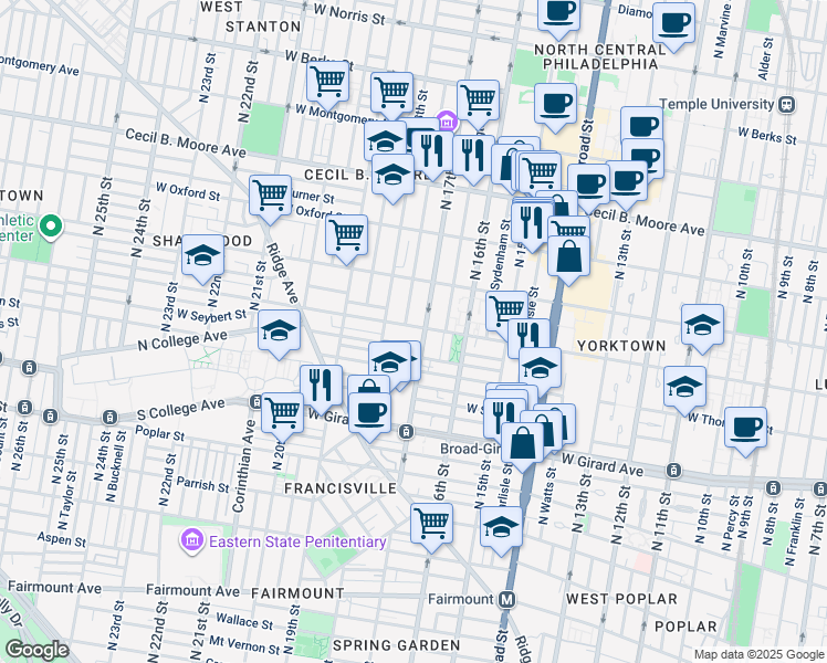 map of restaurants, bars, coffee shops, grocery stores, and more near 1720 Master Street in Philadelphia