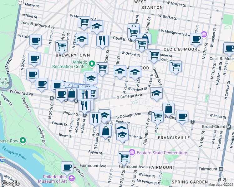 map of restaurants, bars, coffee shops, grocery stores, and more near 1260 North 23rd Street in Philadelphia