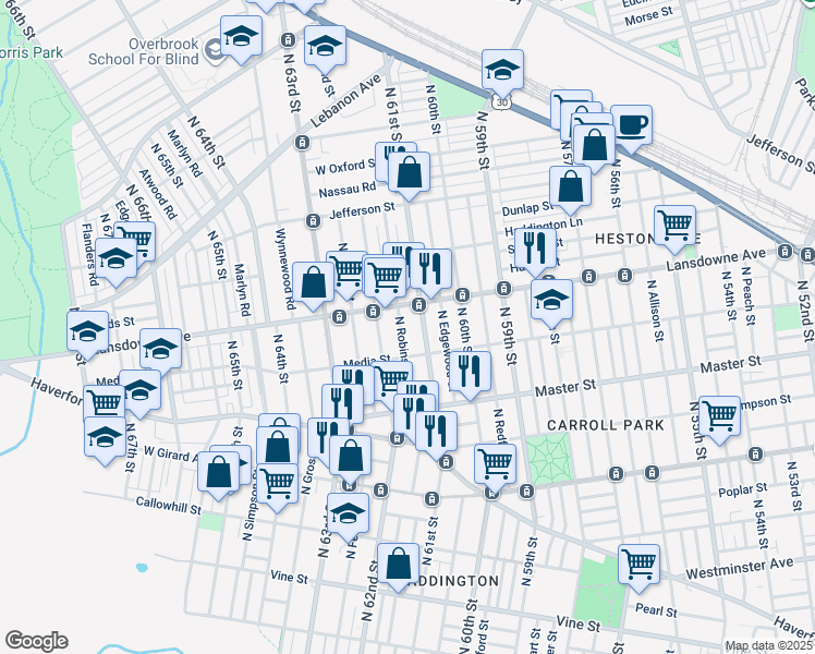 map of restaurants, bars, coffee shops, grocery stores, and more near 1537 North Robinson Street in Philadelphia