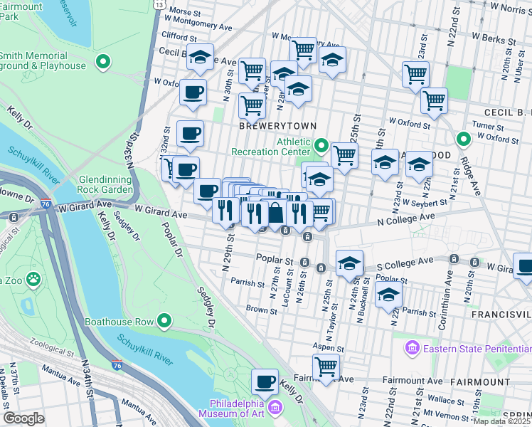 map of restaurants, bars, coffee shops, grocery stores, and more near 1227 North 28th Street in Philadelphia