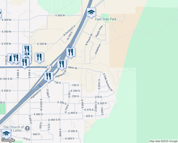 map of restaurants, bars, coffee shops, grocery stores, and more near 955 East 50 South in Santaquin
