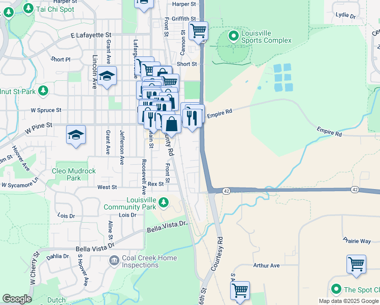 map of restaurants, bars, coffee shops, grocery stores, and more near 533 East Street in Louisville