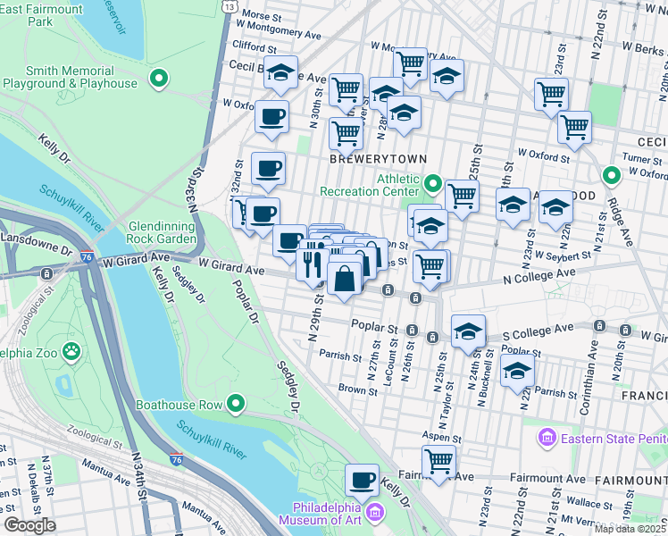 map of restaurants, bars, coffee shops, grocery stores, and more near 2842 West Stiles Street in Philadelphia