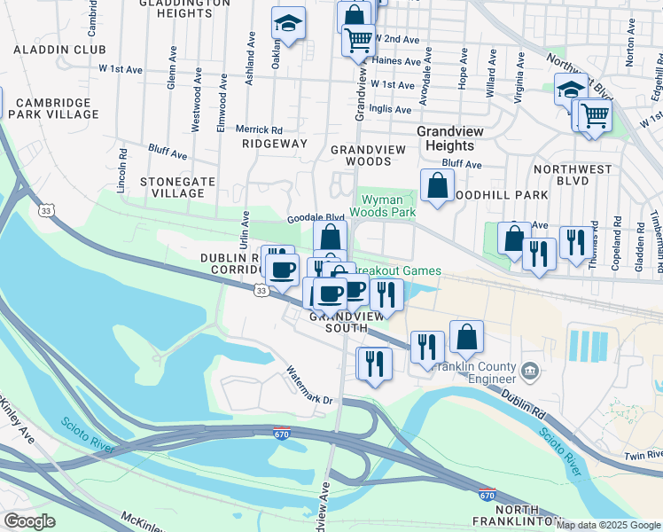 map of restaurants, bars, coffee shops, grocery stores, and more near 855 Grandview Avenue in Columbus