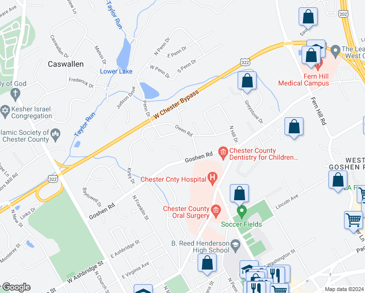 map of restaurants, bars, coffee shops, grocery stores, and more near 604 Perry Drive in West Chester
