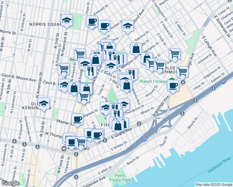 map of restaurants, bars, coffee shops, grocery stores, and more near 1431 East Montgomery Avenue in Philadelphia