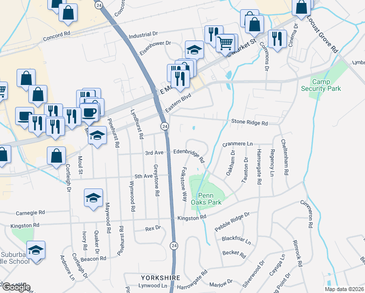 map of restaurants, bars, coffee shops, grocery stores, and more near 3341 Appleford Way in York