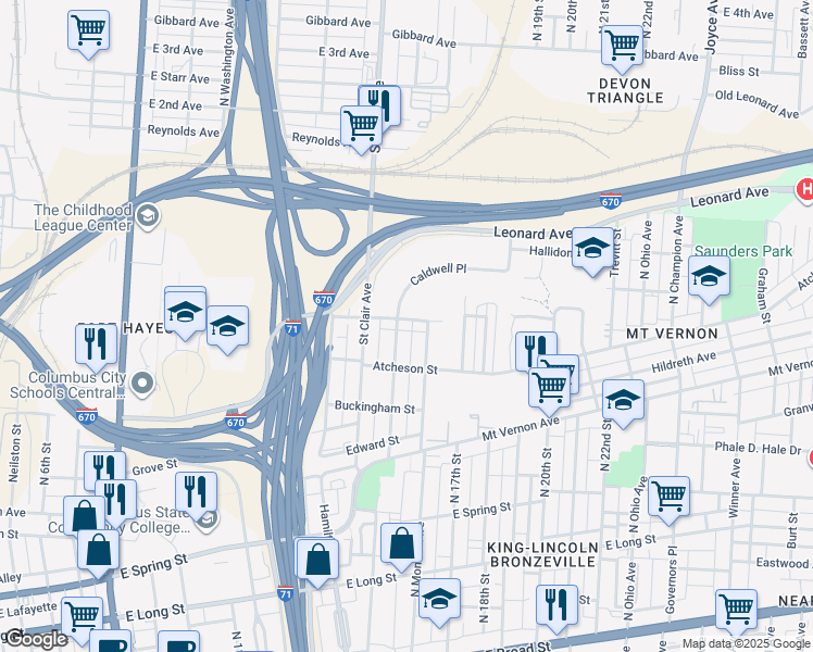 map of restaurants, bars, coffee shops, grocery stores, and more near 905 Leonard Avenue in Columbus