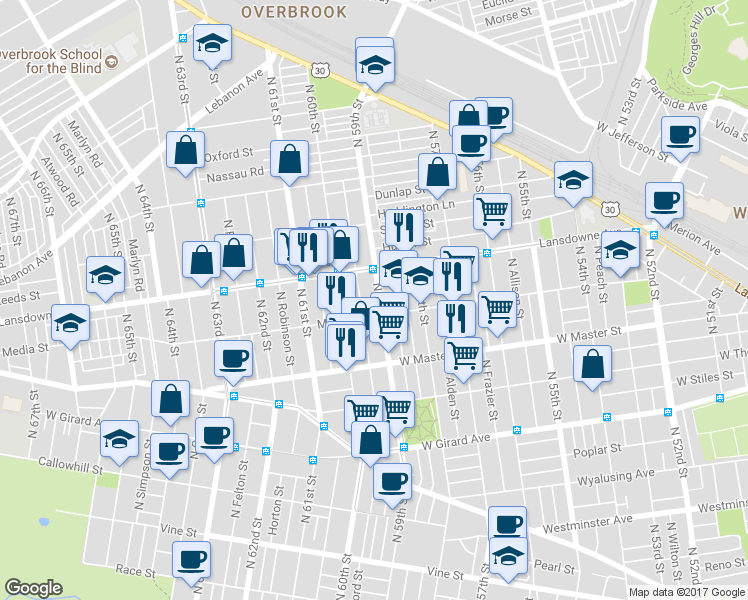 map of restaurants, bars, coffee shops, grocery stores, and more near 1518 North 59th Street in Philadelphia