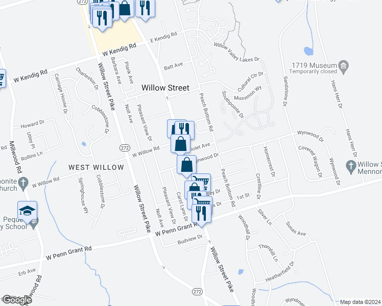 map of restaurants, bars, coffee shops, grocery stores, and more near 6 Violet Avenue in Willow Street