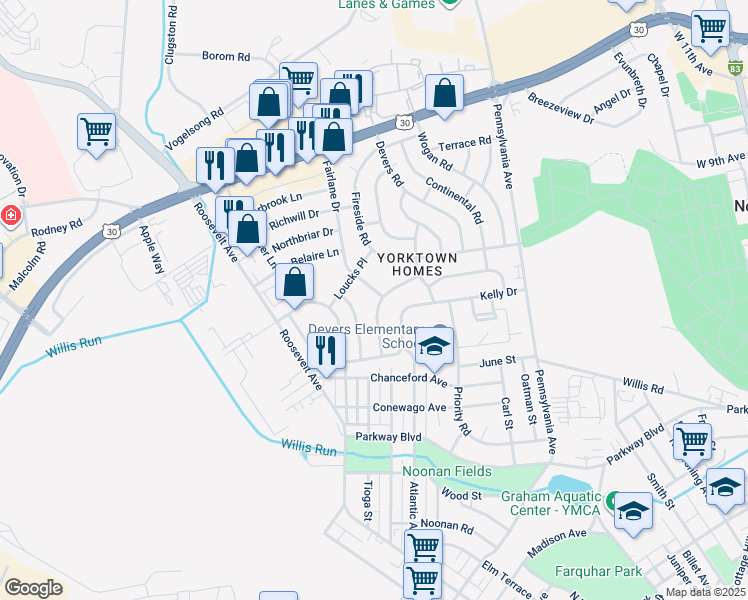 map of restaurants, bars, coffee shops, grocery stores, and more near 836 Gunnison Road in York
