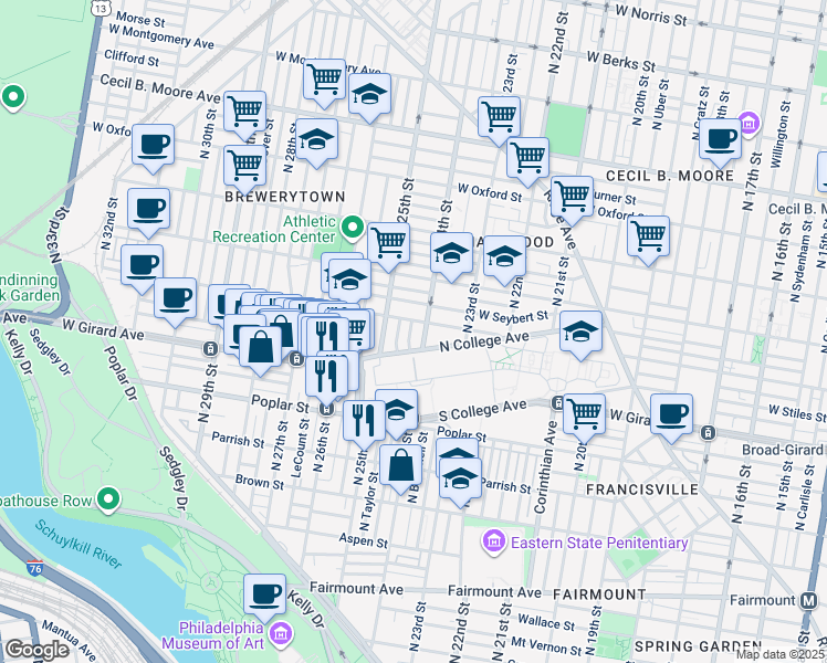 map of restaurants, bars, coffee shops, grocery stores, and more near 1213 North Ringgold Street in Philadelphia