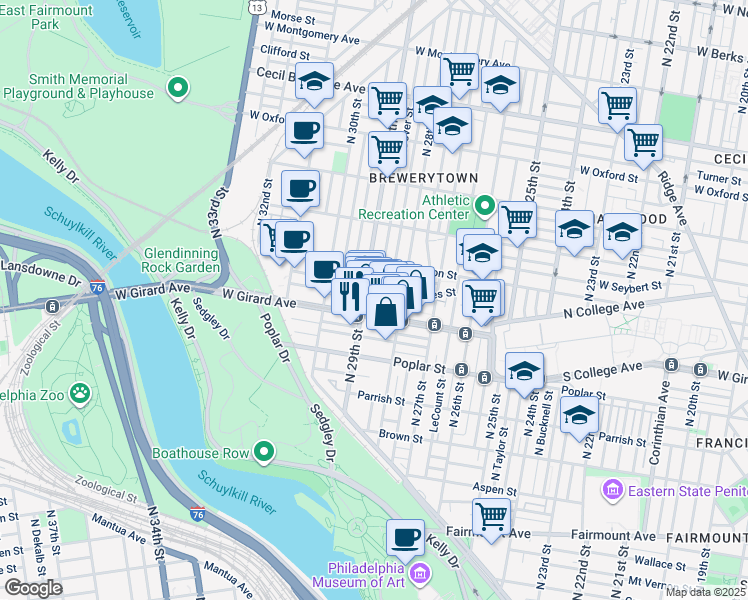 map of restaurants, bars, coffee shops, grocery stores, and more near 2842 West Stiles Street in Philadelphia