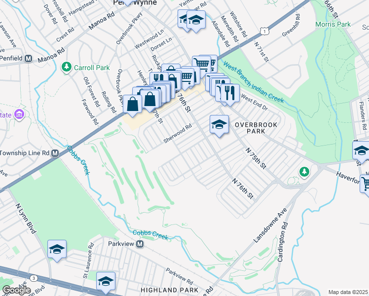 map of restaurants, bars, coffee shops, grocery stores, and more near 7653 Brookhaven Road in Philadelphia