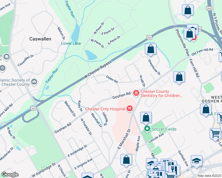 map of restaurants, bars, coffee shops, grocery stores, and more near 604 Perry Drive in West Chester