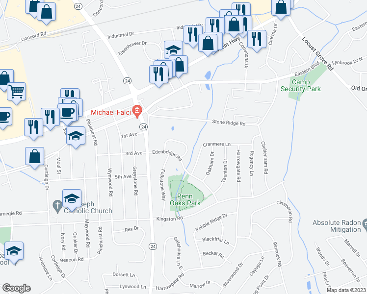 map of restaurants, bars, coffee shops, grocery stores, and more near 3364 Appleford Way in York