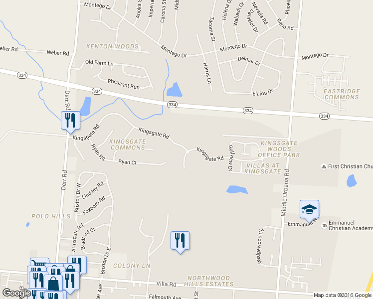 map of restaurants, bars, coffee shops, grocery stores, and more near 1486 Kingsgate Road in Springfield