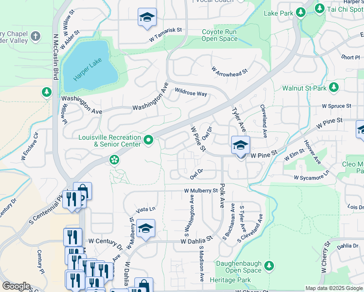 map of restaurants, bars, coffee shops, grocery stores, and more near 730 Nighthawk Circle in Louisville