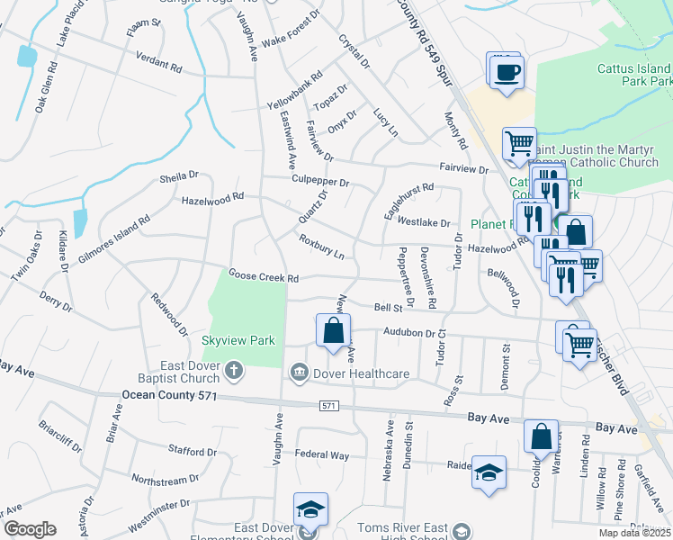 map of restaurants, bars, coffee shops, grocery stores, and more near 1014 Goose Creek Road in Toms River